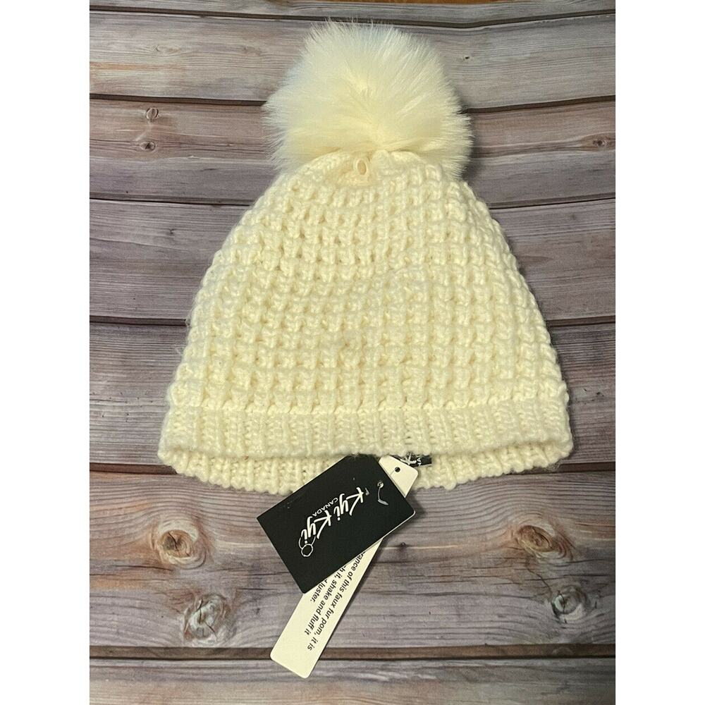 kyi kyi Canada White Faux Fur pom beanie Hat new